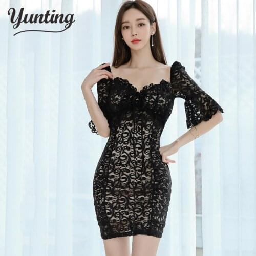 2020 Summer OL Lace Pencil Dress New Fashion Sexy V Collar Flare Sleeve Vintage Club Party Dresses