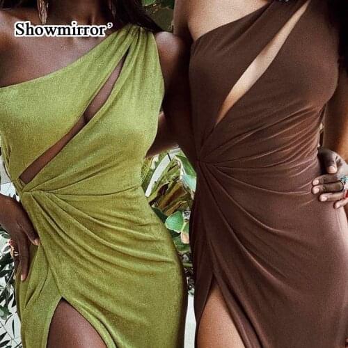 Showmirror Sexy Cut Out One Shoulder Maxi Dress Women Elegant Sleeveless Backless Club Party Wear Split Dresses Clothes