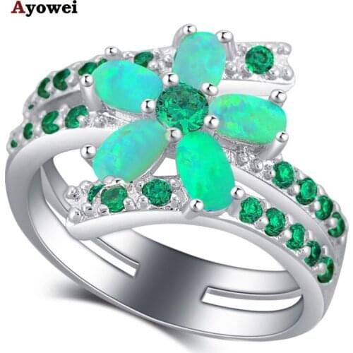 Ayowei Flower Weddding Accessories Green Fire Opal 925 Silver Rings Fashion Jewelry Zircon Rings USA Size #5#6#7#8#9#10 OR878A