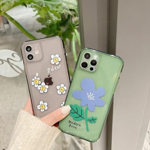 Retro kawaii daisy flowers jelly green Transparent Phone Case For iPhone 12 11 Pro Max Xr Xs Max 7 8 Plus 7Plus case Cute Cover