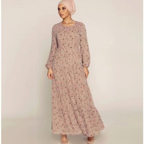Floral Print Muslim Dress Women Full Sleeve Ruffle Caftan Kaftan Maxi Dresses Gowns 2021 Fashion New Dubai Abaya Muslim Vestidos