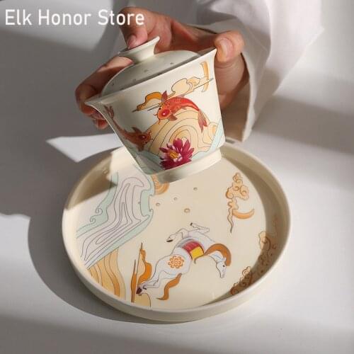 170ml Elegant Red Goldfish Ceramic Bowl With Lid Overglaze Color Tea Lid Set Ocean Tea Tureen Chinese Traditions Milk Oolong Tea