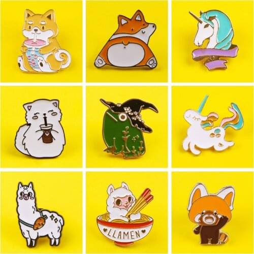 Prajna Cute Dog Enamel Pin Cartoon Animal Unicorn Alpaca Brooches Denim Shirt Collar Lapel Pins Badge Jewelry Gifts