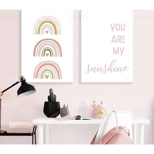 Pink Rainbow Canvas Print You Are My Sunshine Quotes Painting Nursery Wall Art Poster Nordic Wall Pictures Kids Baby Room Decor