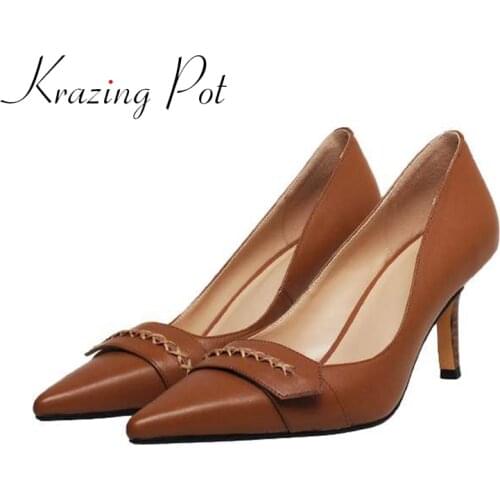 Krazing pot big size genuine leather pointed toe thin high heels classic colors French romantic beauty girls women pumps L5f1