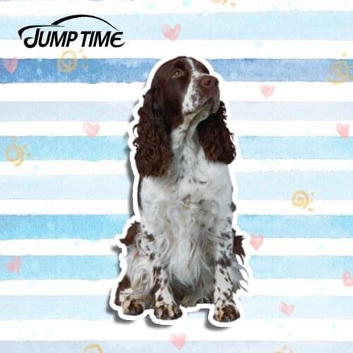 Jump Time 13cm x6.5cm Dog Car Stickers English Spring Spaniel Decal Vinyl Funny Bumper Laptop Waterproof Car Styling Accessories