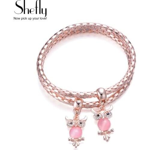 2019 New Luxury Women Bracelets Adjustable Chain Black Pink Owl Charm Bracelets Bangles Jewelry Friendship Gift