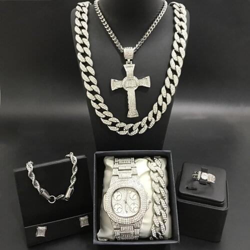Luxury Men Silver Color Watch & Neckalce & Braclete & Ring & Earrings Combo Set Ice Out Cuban Jewerly In Crystal Hip Hop For Men