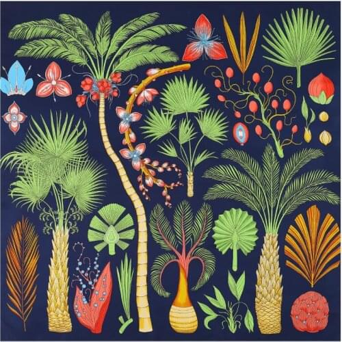 New Luxury Brand Design Sago Cycas Palm Tree Winter Square Scarf 130cm Twill Silk Scarf Women Kerchief Scarves For Ladies