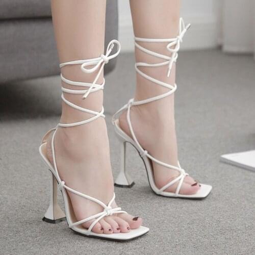 Womens Lace-up Sandals Summer New Style Square Toe Open-toe Lace-up Roman Goblets with High-heeled Sandals