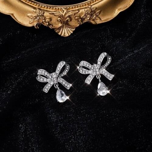 Cute Silver Color Crystal Water-drop Rhinestone Bowknot Stud Earrings for Women Girls Fashion Korean Jewelry Party Gift MS61