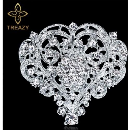TREAZY Silver Color Heart Shape Crystal Brooches Wedding Bouquet Rhinestone Brooch Pins For Women Fashion Wedding Accessories