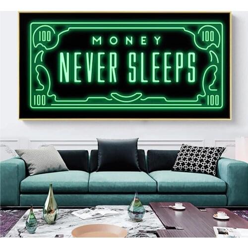 Inspirational Wall Art Never Sleeps Green Flash Money Canvas Paintings on The Wall Street Art Pictures for Home Decor