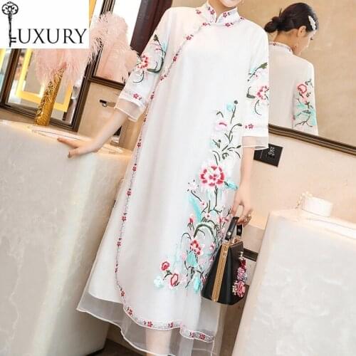 Vestidos 2020 Spring XXL Summer Bride Of Mother Women Luxurious Embroidery 3/4 Sleeve Mid-Calf Loose Elegant Vintage Dress