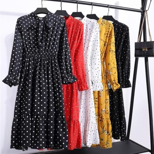 Vintage Floral Dress Fashion Women Bow Tie Collar Slim Ruffles Long Sleeve Dress Chiffon Office Party Midi Dresses Vestidos