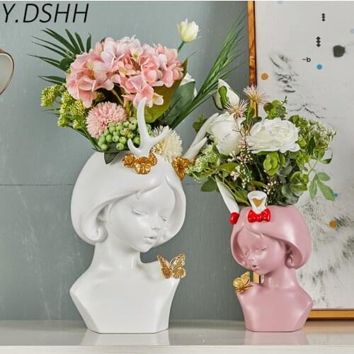 Y.DSHH Sweet Girl Creative Nordic Style Resin Flower Vase Decoration Home Decorative Vases For Flowers Pot Vintage Table Vase