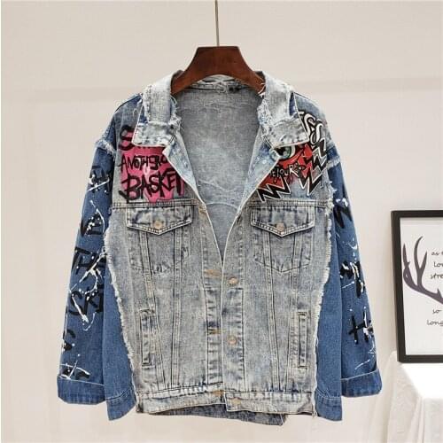 Personality Graffiti Printed Denim Jacket Women Long Sleeve Loose Fit Single Breasted Coat Autumn Streetwear Casual Jean Jackets