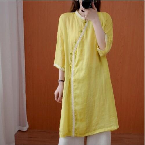 Women Linen Shirt Tops Chinese Style Vintage Retro Long Shirt Coat Fairy Tai Chi Uniform Tang Suit Breathable Casual Hanfu 11282