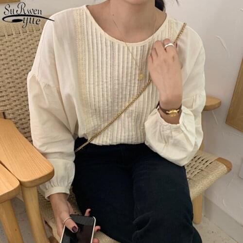 Korean 2021 Long Sleeve Womens Shirts Apricot Pleated O-Neck Cotton Large Size Blouse Women Office Lady Elegant Shirts 11457
