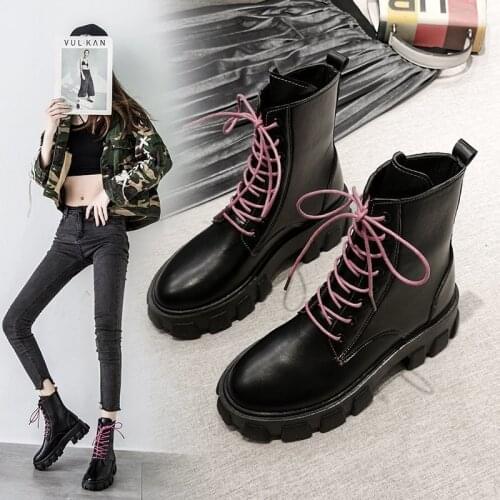 Platform ankle boots women lace up short design winter motorcycle botines leather combat boots for women rubber goth botas mujer