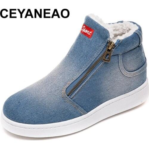 CEYANEAOFleece Push Winter Shoes Women Denim Jeans Boots Snow Boots Classic High Top Round Toe Flat Casual Shoes zapatos E762