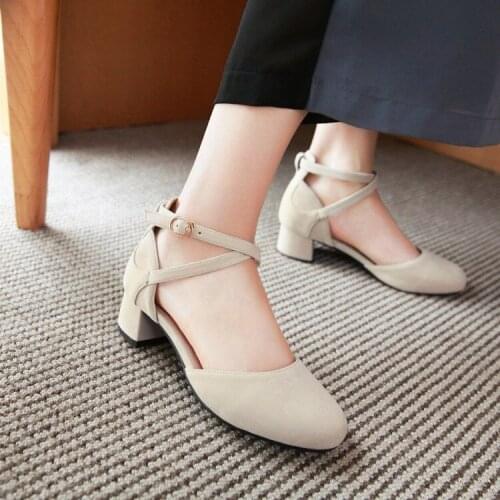 Big Size ladies high heels women shoes woman pumps Roundheaded singleshoe with onebutton thick heel