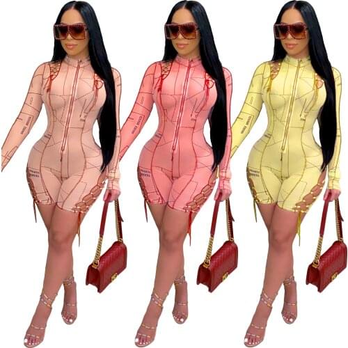 Fashion Letter Print Striped Bandage Playsuit Women Sexy O Neck Long Sleeve Slit Lace Up Biker Shorts Body Romper Women Jumpsuit