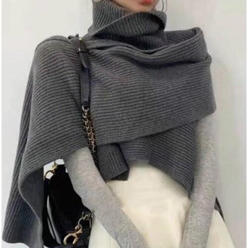 Long Sleeve Spring New Autumn Chic Jumper Knitted Loose Fashion Pullover Femme Turtleneck Irregular Scarf Cape Fashion 2021