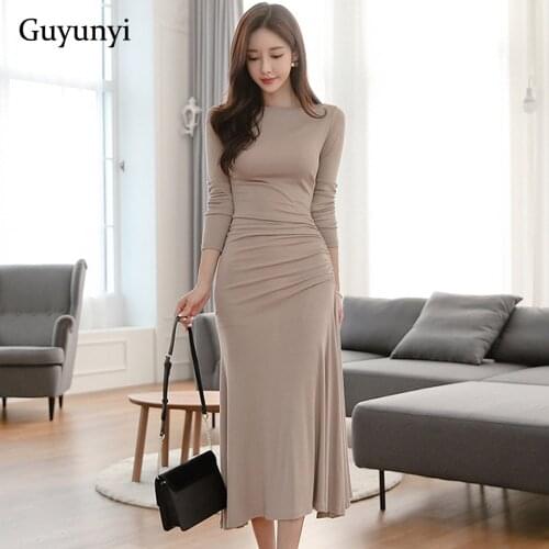 Solid Color Office Lady Dress 2019 Autumn Simple Long Sleeve High Waist Tight Hem Loose Temperament Elegant Party Dress Women