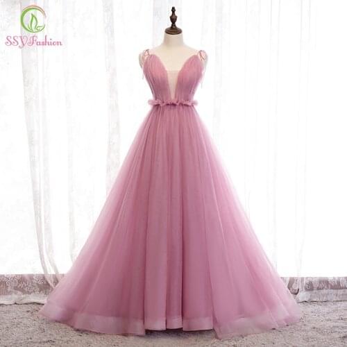 SSYFashion New Evening Dress Simple V-neck Floor-length Tulle Pink Formal Party Gowns Vestido De Noche Special Occasion Dresses