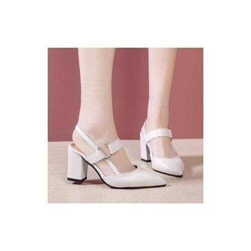 2020 Summer Sandals Dress Party Shoes PU Leather High Heel Sandals Womens Mules Ladies Pointed Toe Chunky Heel White Yellow