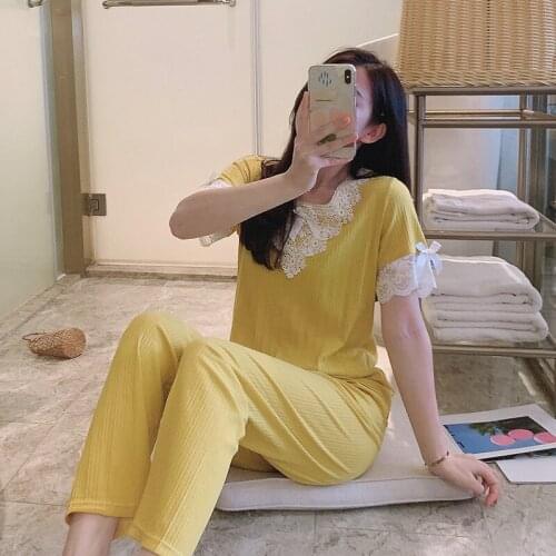 2021 Summer Short Sleeve Long Pants Cotton Pajama Sets for Women V-neck Sleepwear Suit Pyjama Homewear Pijama Mujer Home Clothes