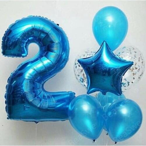 8pcs/lot Large Size 40 inch Helium Blue Foil Number 2 Balloon Star transparent confetti Baby Boy Birthday Party Decor supplies