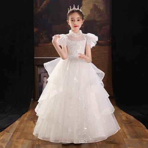 White Sequins Kids Dresses For Party Wedding Dress Children Pageant ball Gown Princess Tulle Dress for Toddler Girl Clothes