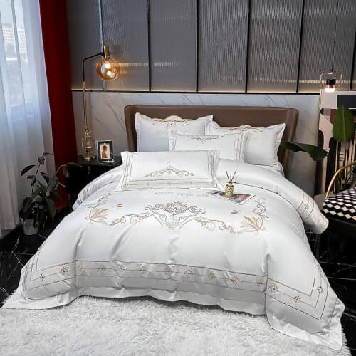 White Washed Silk Cotton Chic Golden Embroidery Home Textiles Bedding Set Silky Satin Duvet Cover Bed Fitted Sheet Pillowcases