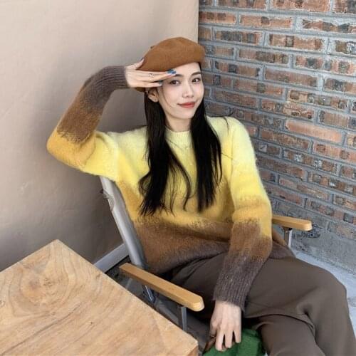 Gradient Color Sweater Loose Casual O-necked Long-sleeved Knitwear Pullover Sweaters Winter Clothes Women