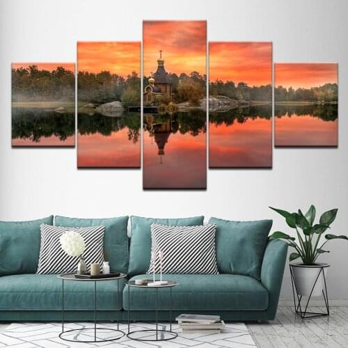Canvas Painting The villa near lake landscape 5 Pieces Wall Art Painting Modular Wallpapers Poster Print living room Home Decor