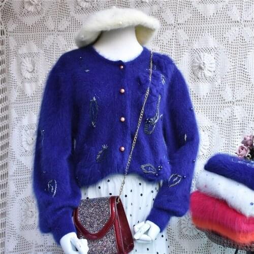 Cashmere sweater women ladies cardigans vintage buttons long sleeve real rabbit fur knitted autumn clothes warm coat jacket