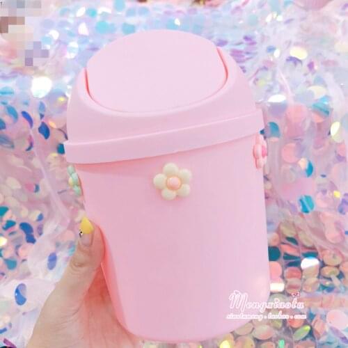 Kawaii Pink Strawberry Flower Waste Bin Desktop Portable Plastic Mini Shake Cover Garbage Basket Sakura Home Bedroom Trash Can