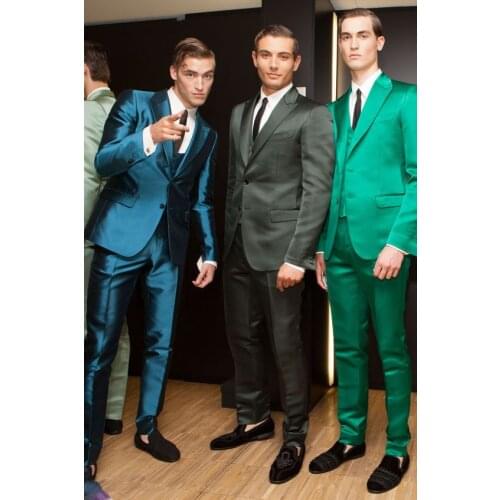 Latest Coat Pant Designs Blue Green Satin Men Suit Slim Fit 3 Piece Tuxedo Prom Blazer Custom Groom Prom Suits Terno Masculino