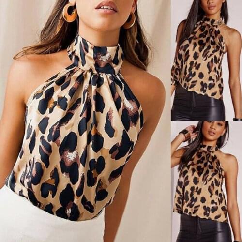 Fashion Slim Fit Sexy Women Summer Sleeveless Halter Neck Cami Vest Shirt Casual Cocktail Party Tank Tops Leopard Print Shirt