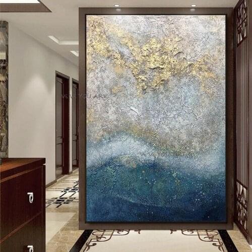 Fashion Simplicity AbStract Blue Watercolor Paintings Golden Nordic Wall Art Pictures On Canvas Living Room Home Decor Frameless