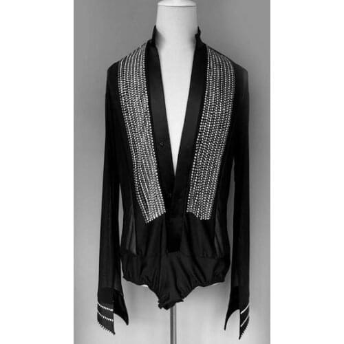 New style men latin dance costumes senior gauze stones long sleeves latin dance shirt for men latin dance shirts S-4XL