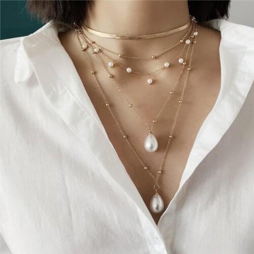MWSONYA Fashion Water Drop Pearl Pendant Choker Necklace for Women Moon Geometry Golden Multi Long Chain Necklace Jewelry