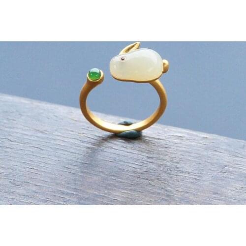 Inspired design natural Hetian jade rabbit adjustable ring earrings bracelet set exquisite sweet lady brand jewelry