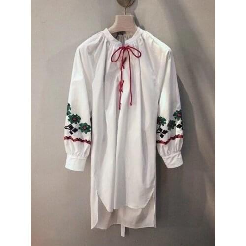 New women fashion 2021 long-sleeved sexy embroidery lace-up casual poplin cotton shirt 0401