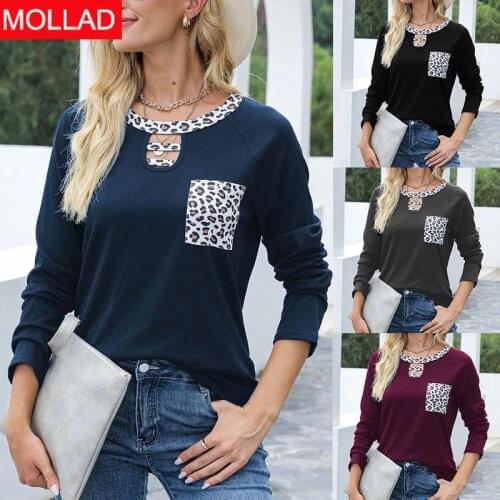 2021 Autumn and Winter New Long Sleeve Raglan Sleeve Solid Color Stitching Leopard Print Top Womens Clothing T-shirt