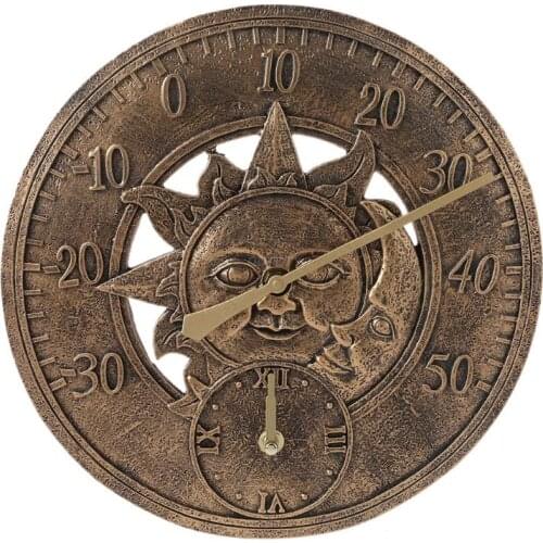 OOTDTY HOT SALE 12'' Garden Thermometer Clock Outdoor Vintage Wall Station Clock