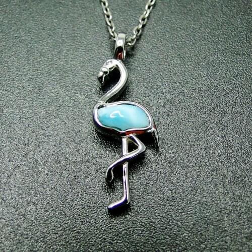 Natural Dominica Larimar Jewelry 925 Sterling Silver Larimar Flamingo Pendant Necklace For Women Gift