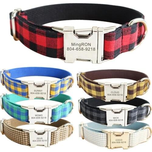 Personalized Pet Collar Custom Plaid Nylon Puppy Cat Name ID Tag Adjustable Collars Lead Leash Set Free Engraving Dog Collars